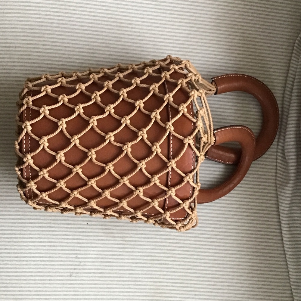 Staud Brown leather bucket bag  with Woven overlay